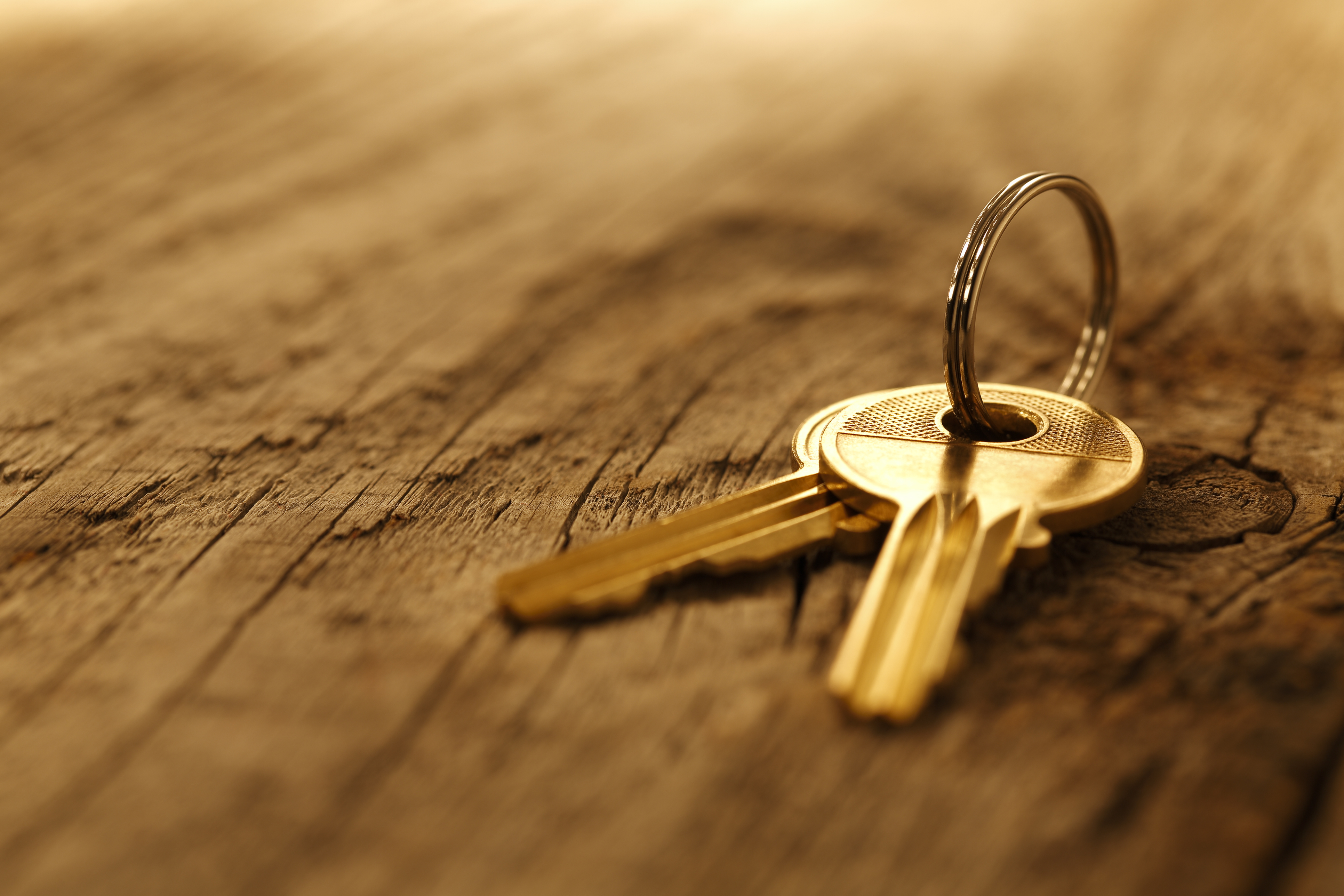 A closeup shot of an old set skeleton keys laying on old wood table, shot with very shallow depth of field.